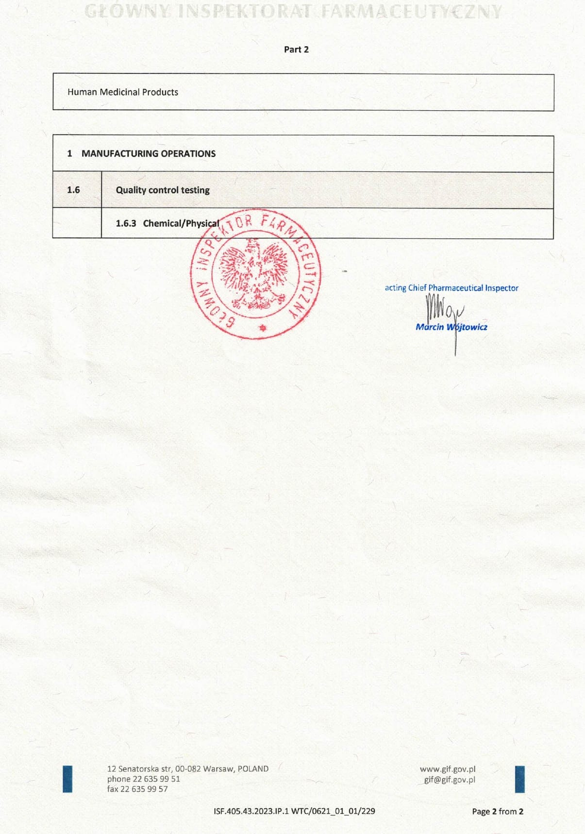 Second page of GMP certificate